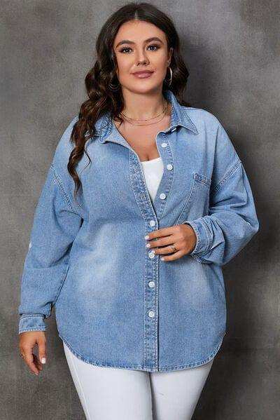 Plus Size Button Up Pocketed Denim Top - Trendsi - Flyclothing LLC