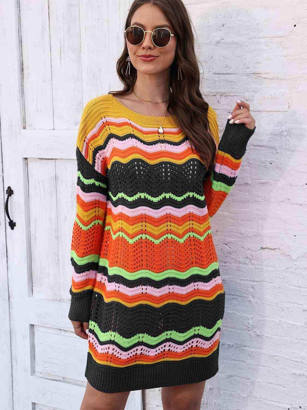 Openwork Round Neck Sweater Dress - Trendsi - Flyclothing LLC