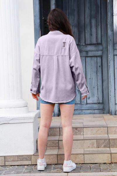 Distressed Button Up Raw Hem Denim Jacket - Trendsi - Flyclothing LLC