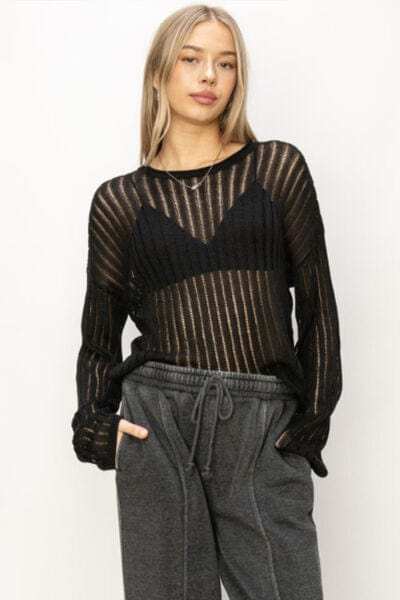 HYFVE Openwork Ribbed Long Sleeve Knit Top - Trendsi - Flyclothing LLC