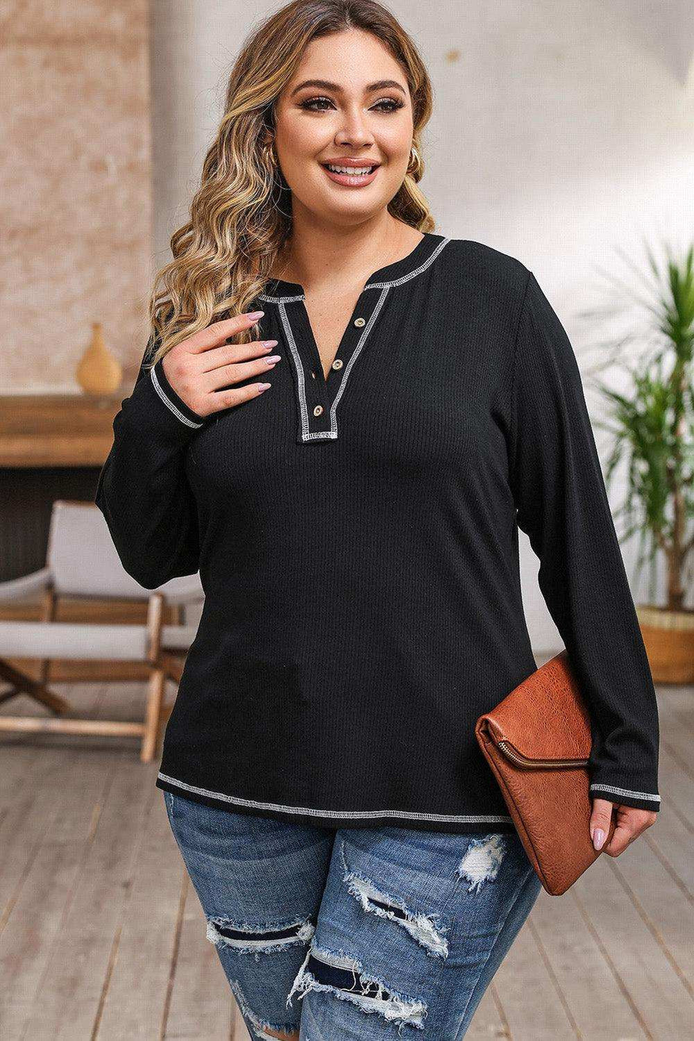 Plus Size Notched Neck Long Sleeve T-Shirt - Trendsi - Flyclothing LLC