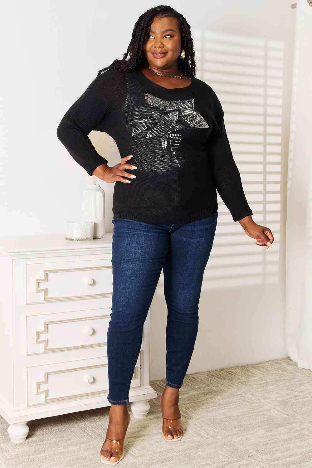 Double Take Sequin Graphic Dolman Sleeve Knit Top - Trendsi - Flyclothing LLC