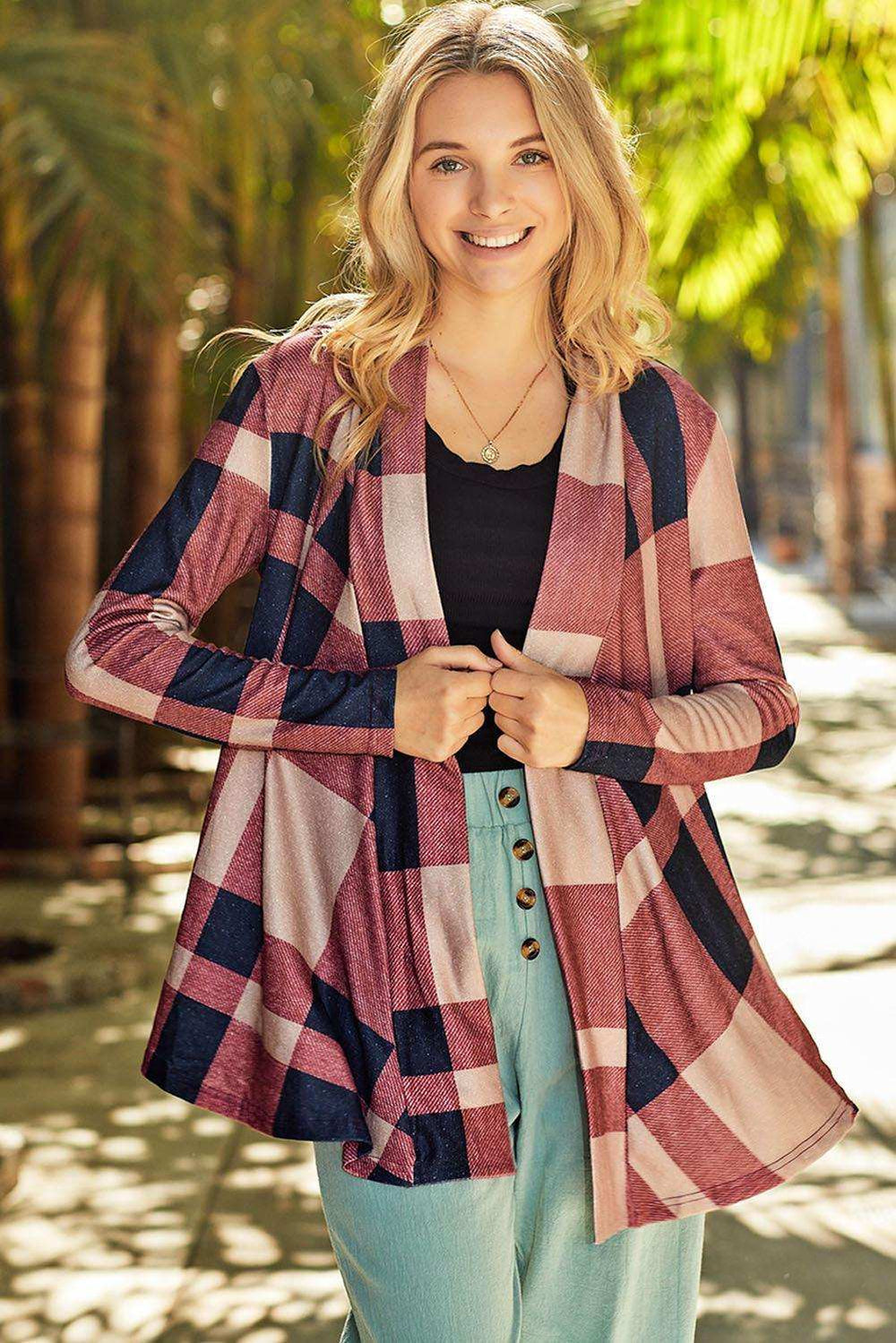 Plaid Open Front Cardigan - Trendsi - Flyclothing LLC