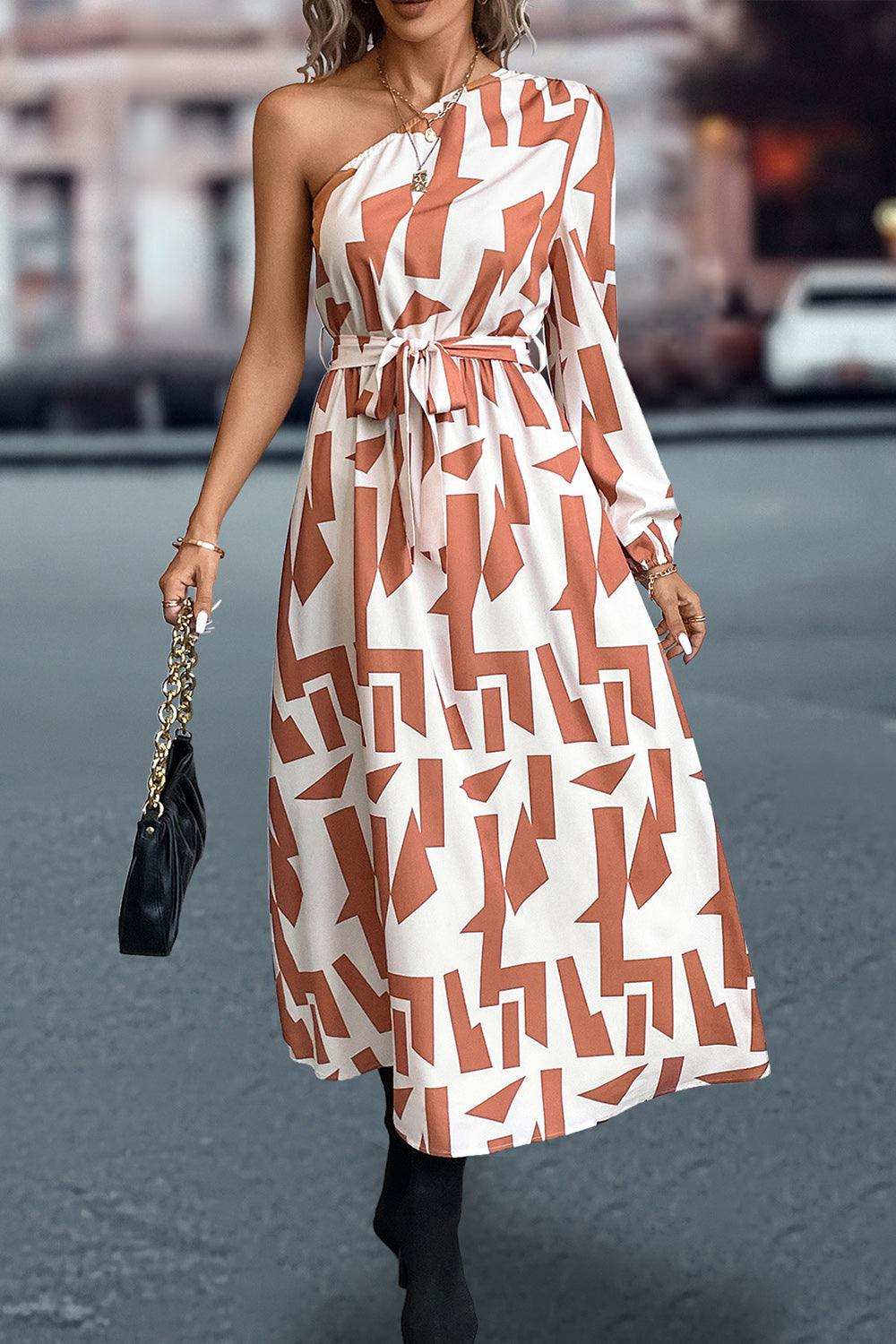 Printed One-Shoulder Tie Waist Dress - Trendsi - Flyclothing LLC