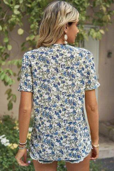 Floral V-Neck Short Sleeve T-Shirt - Trendsi - Flyclothing LLC