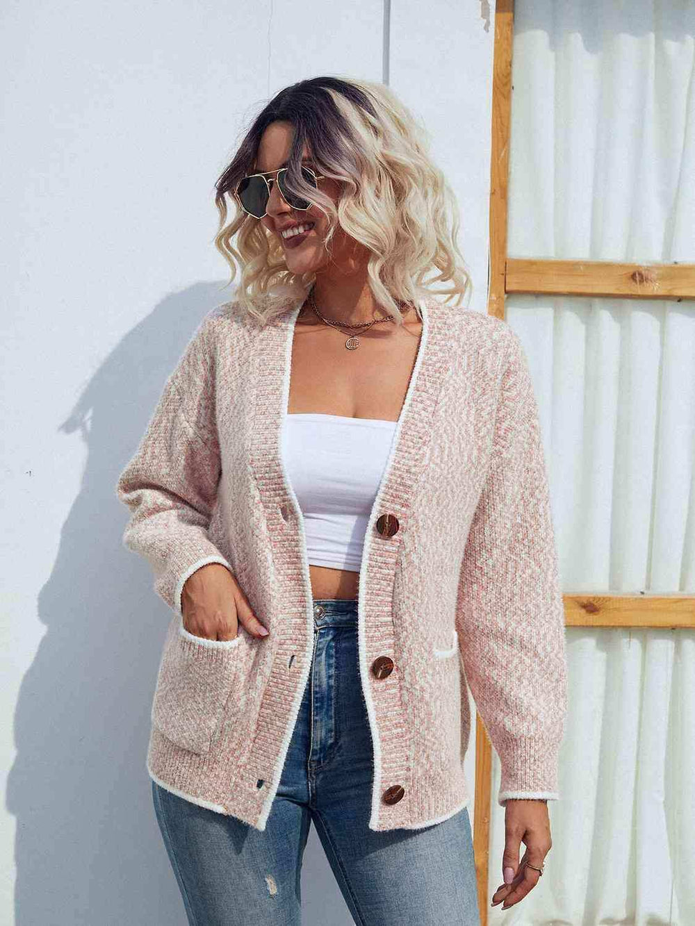 Button Down V-Neck Cardigan with Pockets - Trendsi - Flyclothing LLC