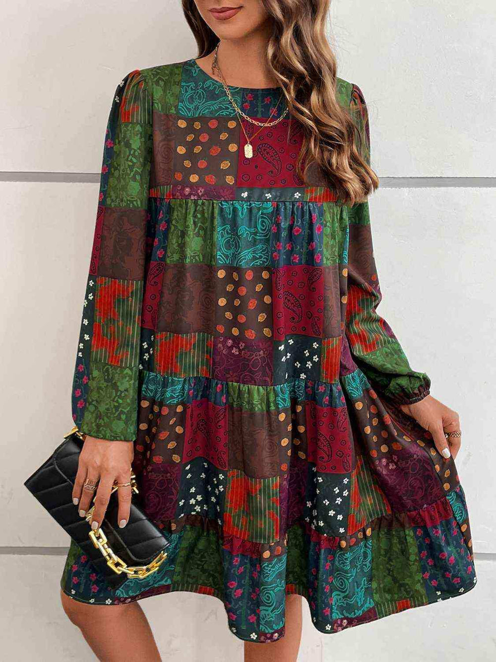 Patchwork Round Neck Long Sleeve Dress - Trendsi - Flyclothing LLC