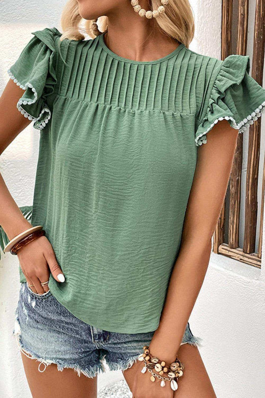 Pleated Detail Flutter Sleeve Blouse - Trendsi - Flyclothing LLC
