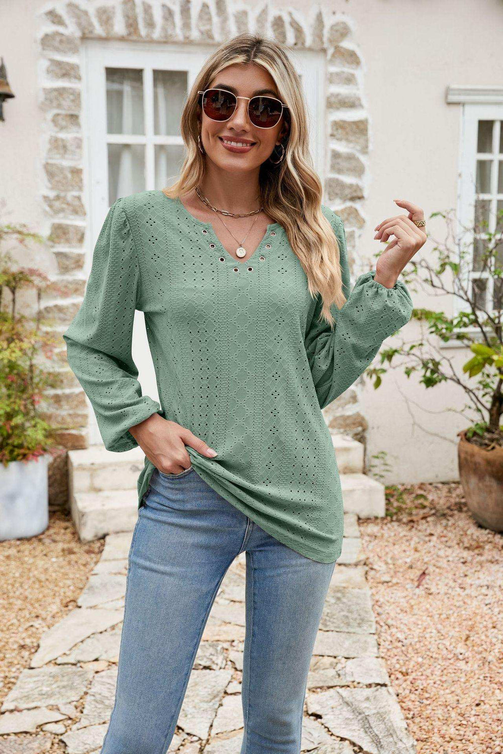 Eyelet Notched Neck Balloon Sleeve Blouse - Trendsi - Flyclothing LLC