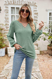 Eyelet Notched Neck Balloon Sleeve Blouse - Trendsi - Flyclothing LLC