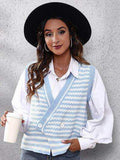 Striped Button Up V-Neck Sweater Vest - Trendsi - Flyclothing LLC