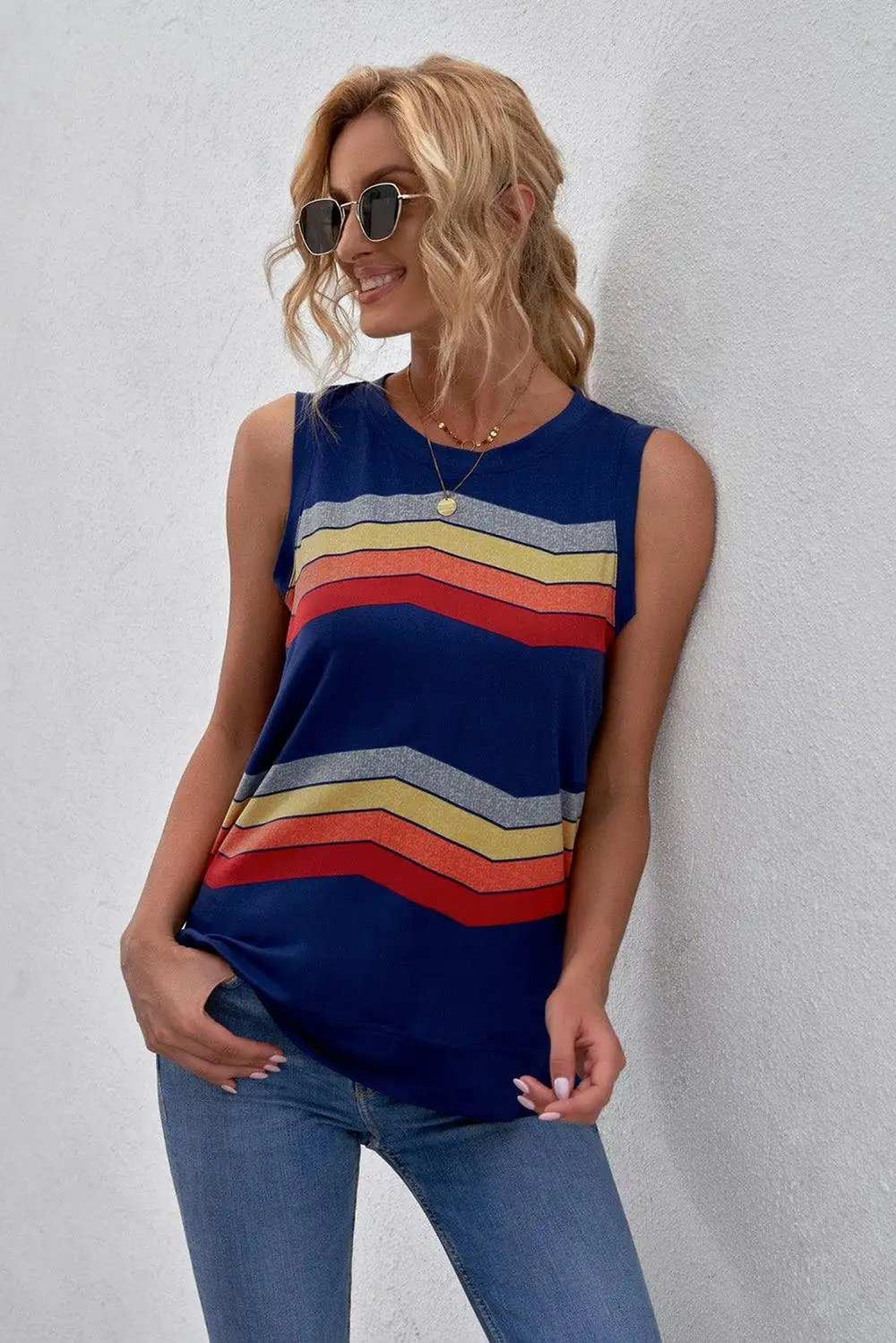 Printed Side Slit Round Neck Tank - Trendsi - Flyclothing LLC