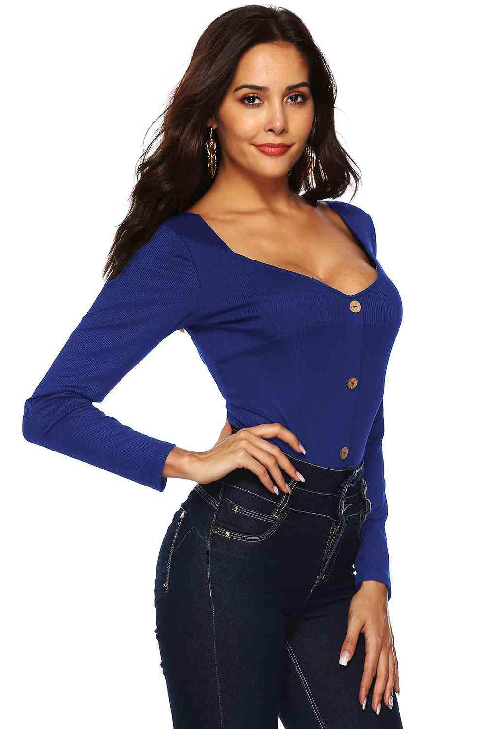 Button Detail Bodysuit - Trendsi - Flyclothing LLC