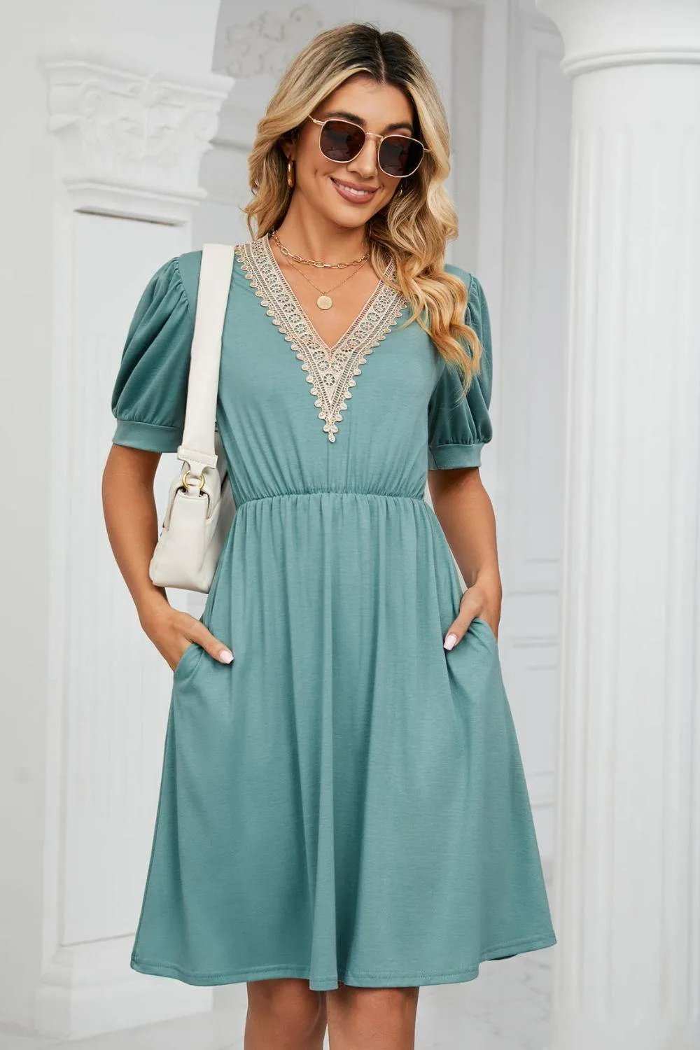 Contrast V-Neck Puff Sleeve Pocket Dress - Trendsi - Flyclothing LLC