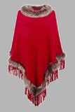 Faux Fur Trim Fringed Poncho - Trendsi - Flyclothing LLC