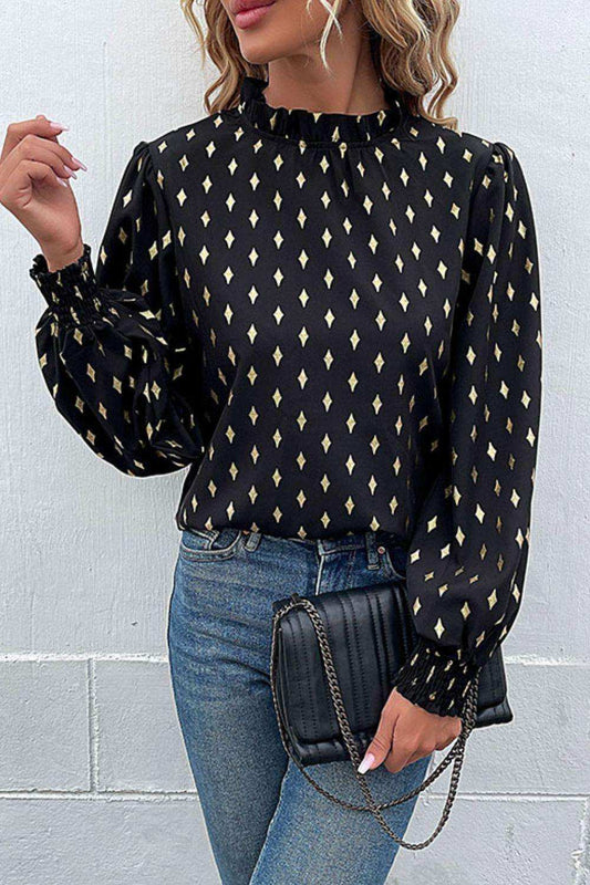 Geometric Print Frill Neck Lantern Sleeve Blouse - Trendsi - Flyclothing LLC