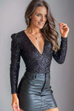 Sequin V-Neck Long Sleeve Bodysuit - Trendsi - Flyclothing LLC