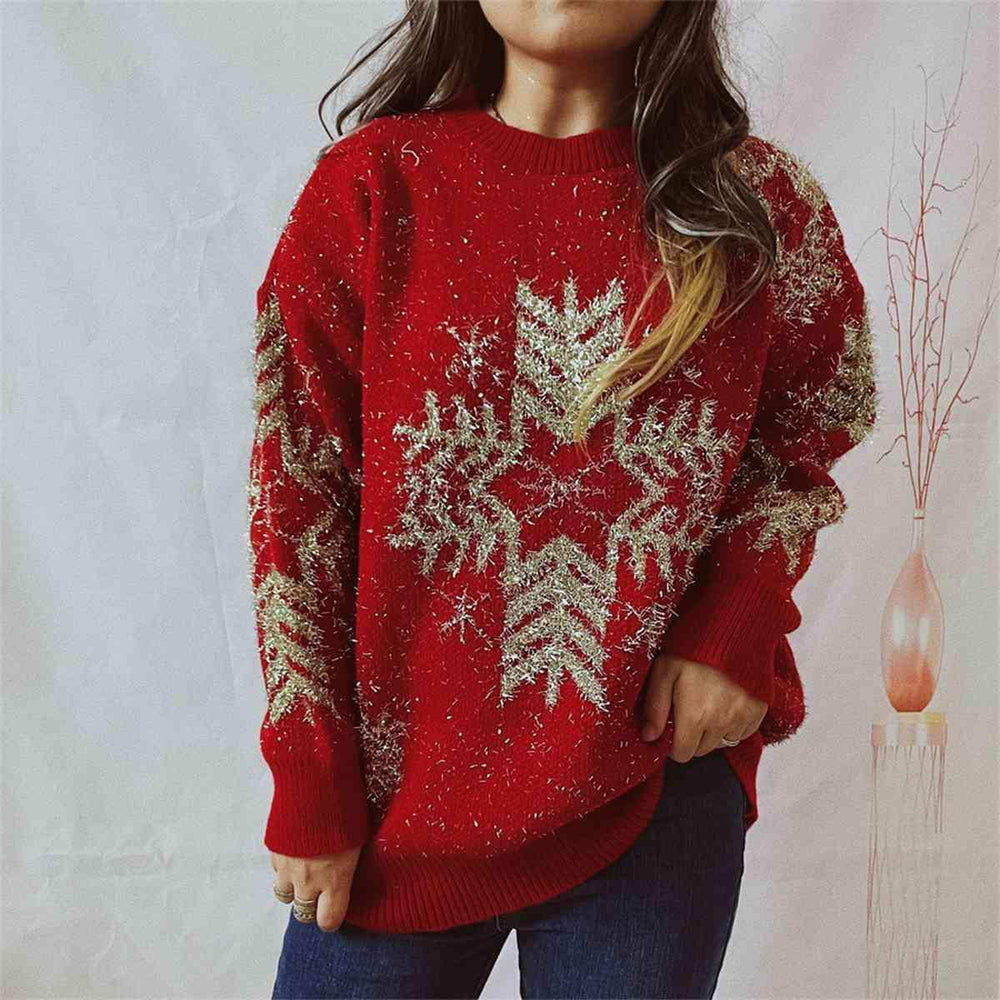 Snowflake Pattern Long Sleeve Sweater - Trendsi - Flyclothing LLC