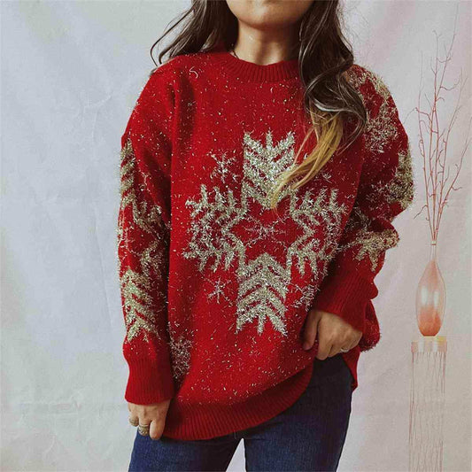 Snowflake Pattern Long Sleeve Sweater - Trendsi - Flyclothing LLC