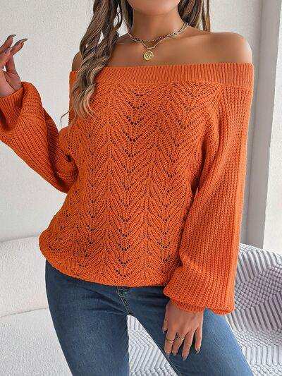 Openwork Off-Shoulder Long Sleeve Sweater - Trendsi - Flyclothing LLC