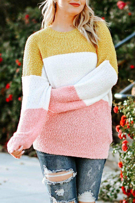 Plus Size Color Block Round Neck Sweater - Trendsi - Flyclothing LLC