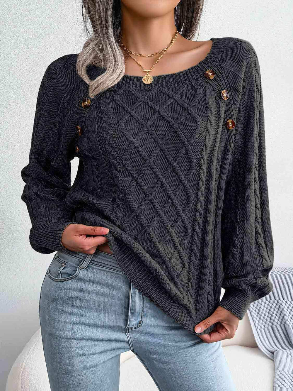 Decorative Button Cable-Knit Sweater - Trendsi - Flyclothing LLC