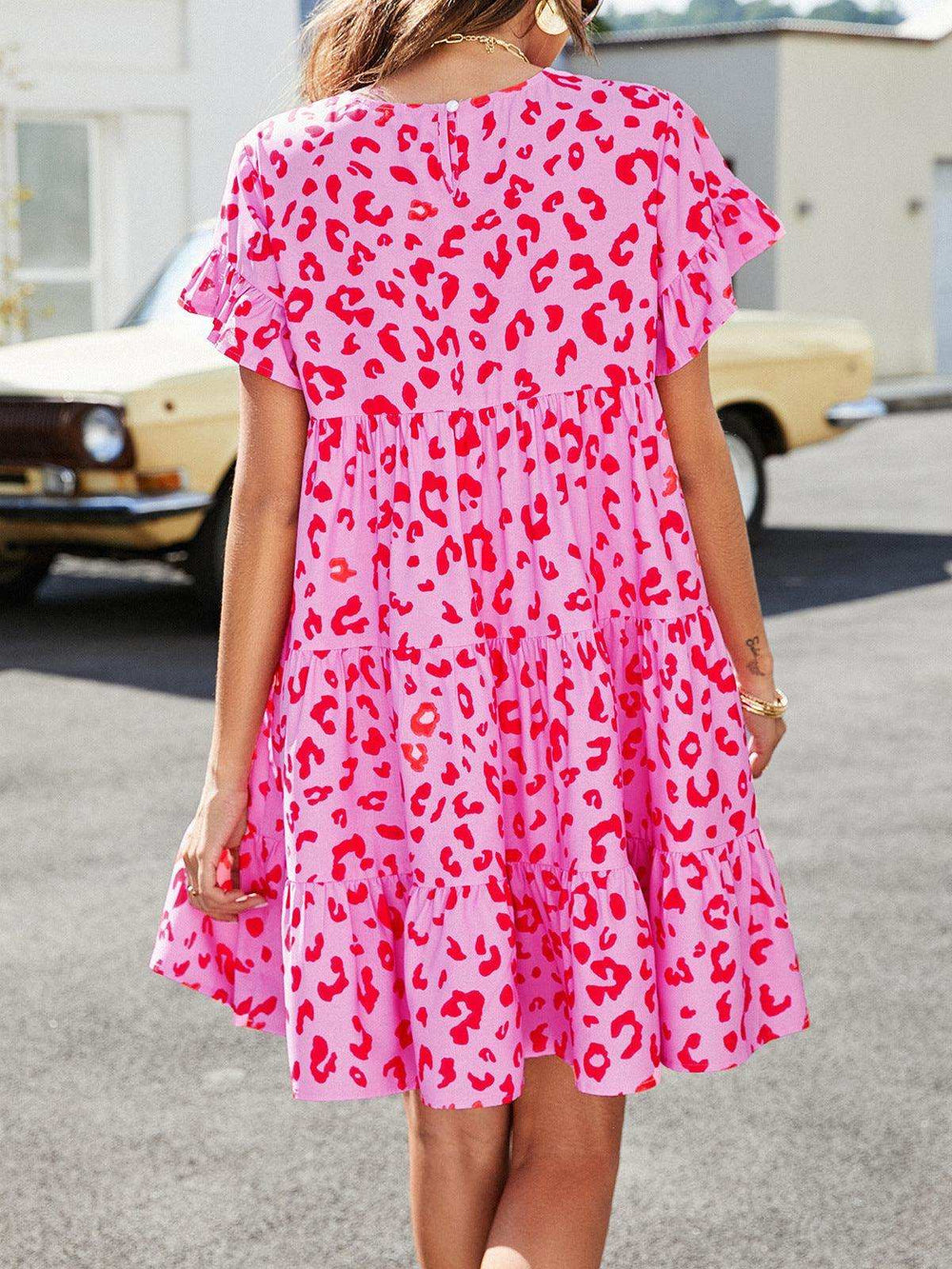 Leopard Short Flounce Sleeve Tiered Dress - Trendsi - Flyclothing LLC