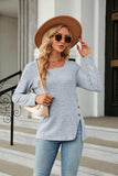 Square Neck Long Sleeve Slit T-Shirt - Trendsi - Flyclothing LLC