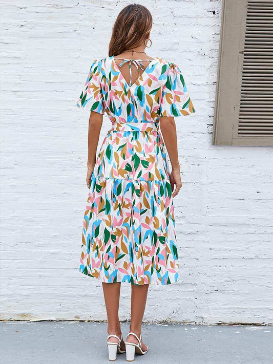 Printed Tie-Waist V-Neck Flutter Sleeve Dress - Trendsi - Flyclothing LLC