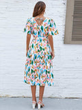 Printed Tie-Waist V-Neck Flutter Sleeve Dress - Trendsi - Flyclothing LLC