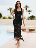 Fringe Hem Drawstring Waist Split Cover Up Dress - Trendsi - Flyclothing LLC
