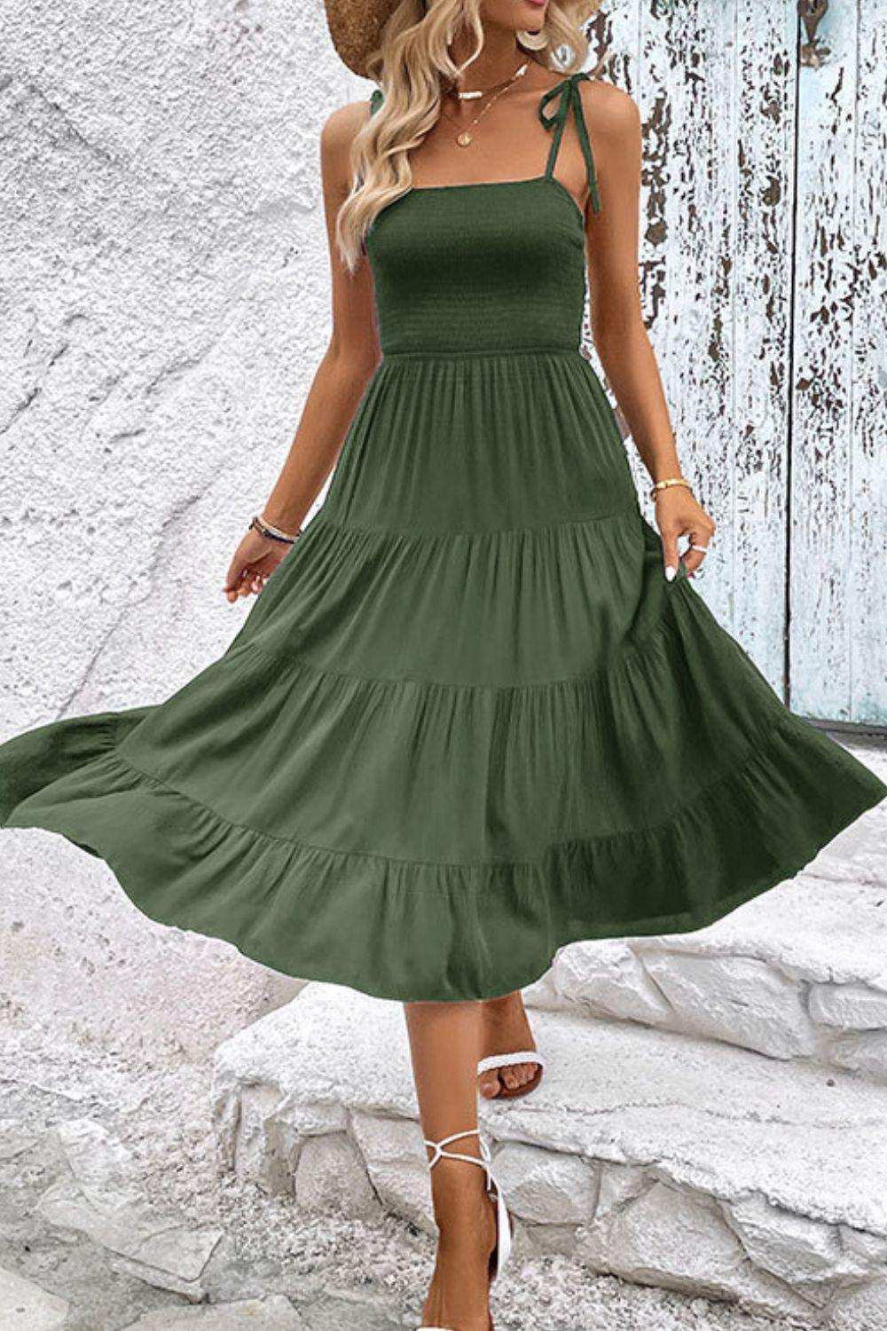 Tie-Shoulder Tiered Midi Dress - Trendsi - Flyclothing LLC