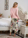 Round Neck Top and Printed Pants Lounge Set - Trendsi - Flyclothing LLC