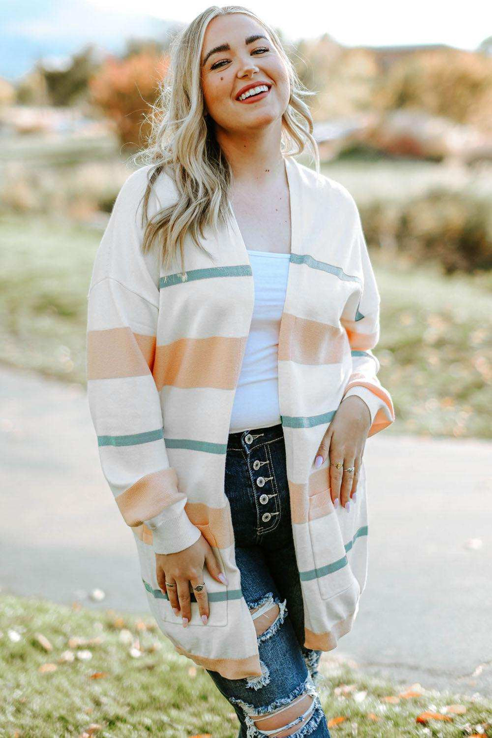 Plus Size Striped Open Front Cardigan - Trendsi - Flyclothing LLC