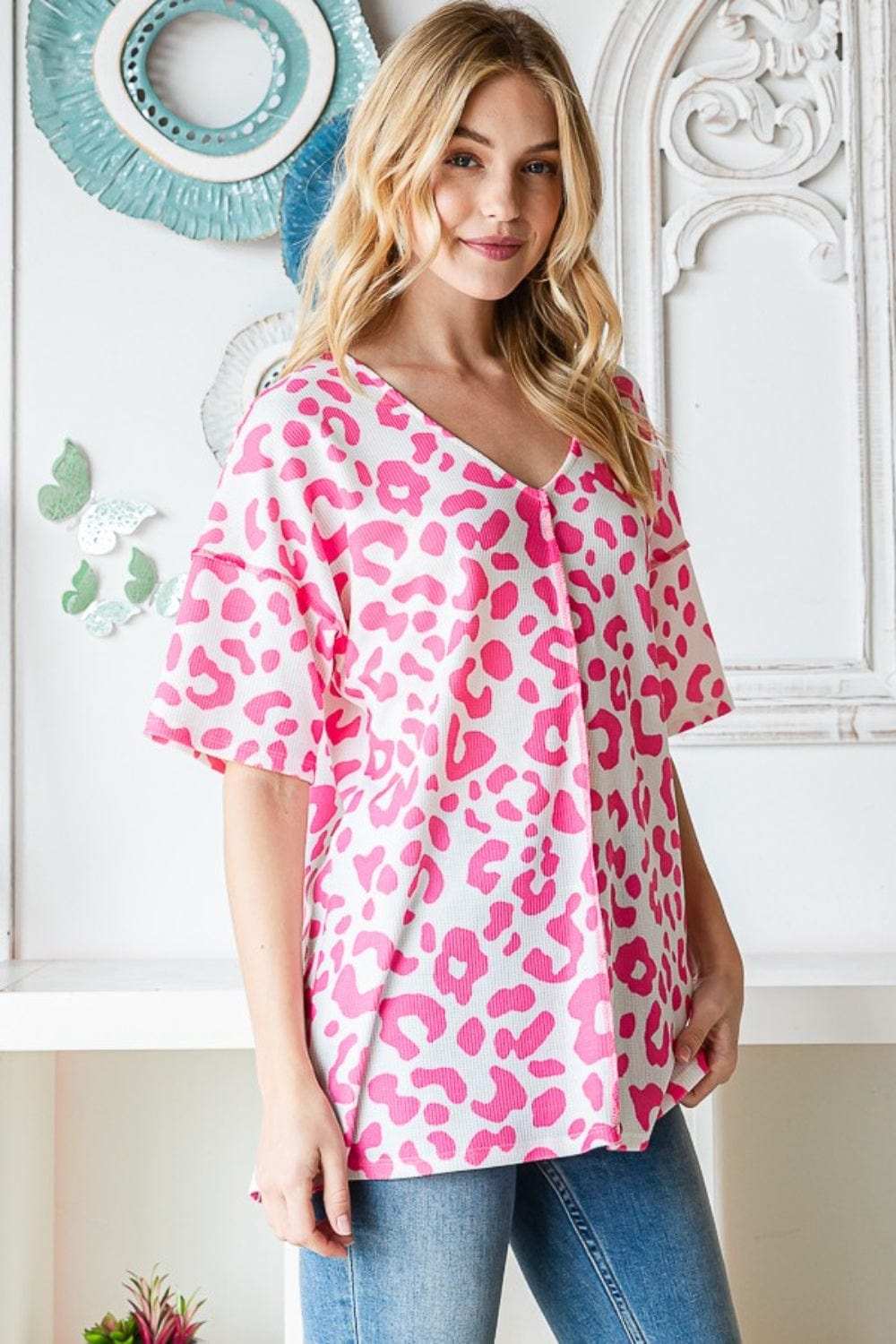 Heimish Full Size Leopard Exposed Seam Short Sleeve Top - Trendsi - Flyclothing LLC