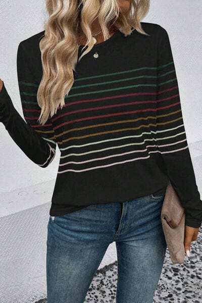 Striped Round Neck Long Sleeve T-Shirt - Trendsi - Flyclothing LLC