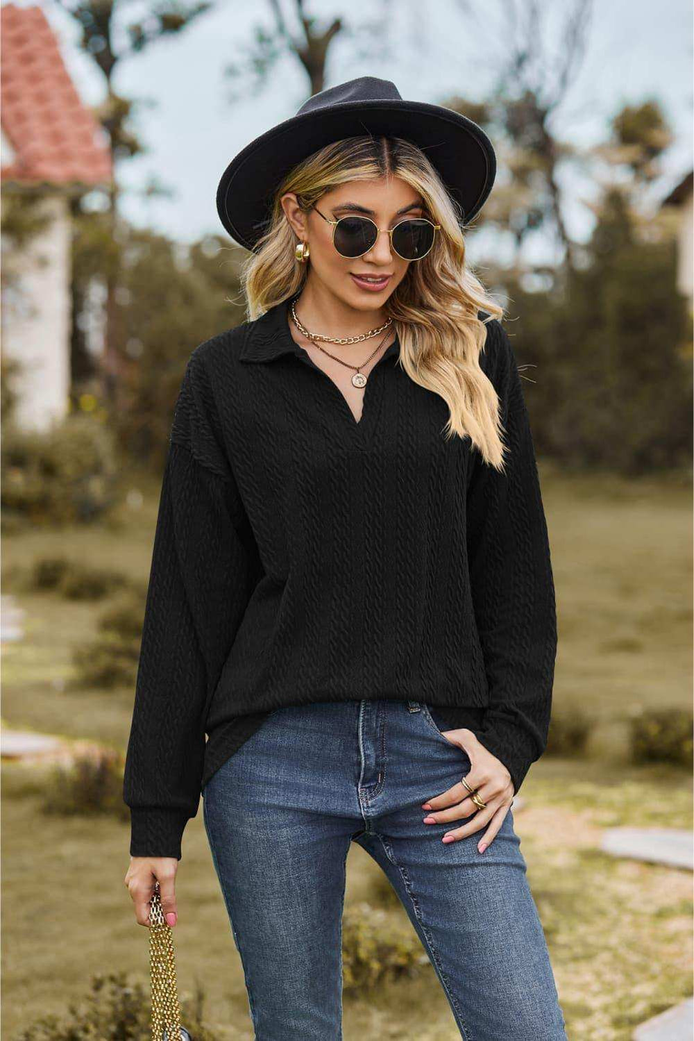 Collared Neck Cable-Knit Long Sleeve Blouse - Trendsi - Flyclothing LLC