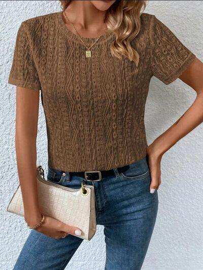 Eyelet Round Neck Short Sleeve T-Shirt - Trendsi - Flyclothing LLC