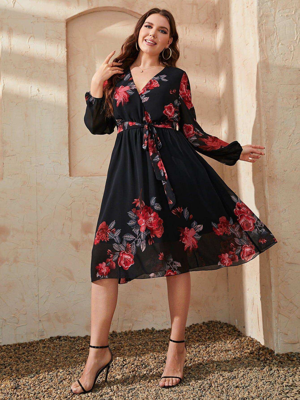 Plus Size Floral Surplice Neck Tie Waist Dress - Trendsi - Flyclothing LLC