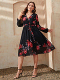 Plus Size Floral Surplice Neck Tie Waist Dress - Trendsi - Flyclothing LLC