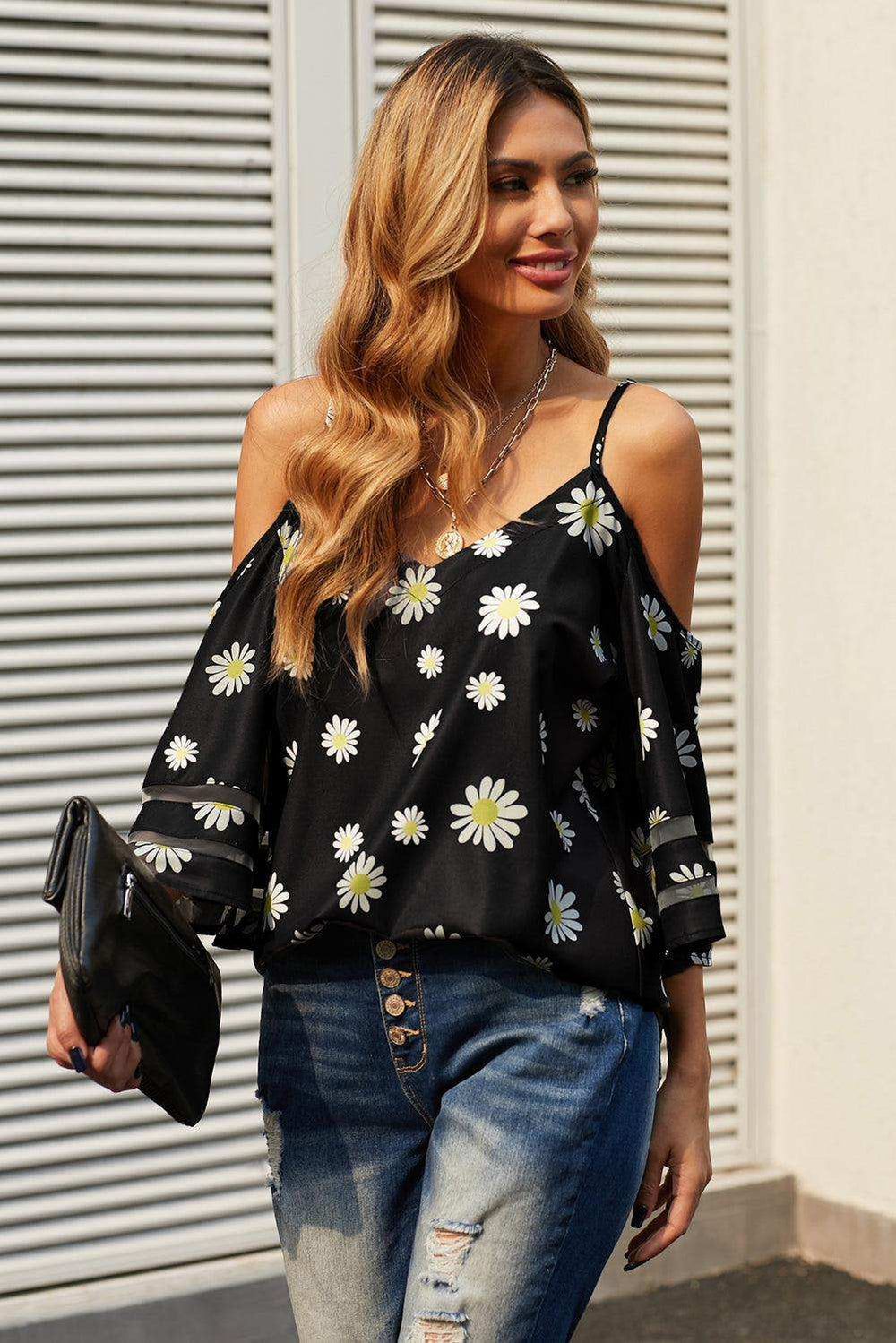 Printed Cold-Shoulder Three-Quarter Flare Sleeve Blouse - Trendsi - Flyclothing LLC