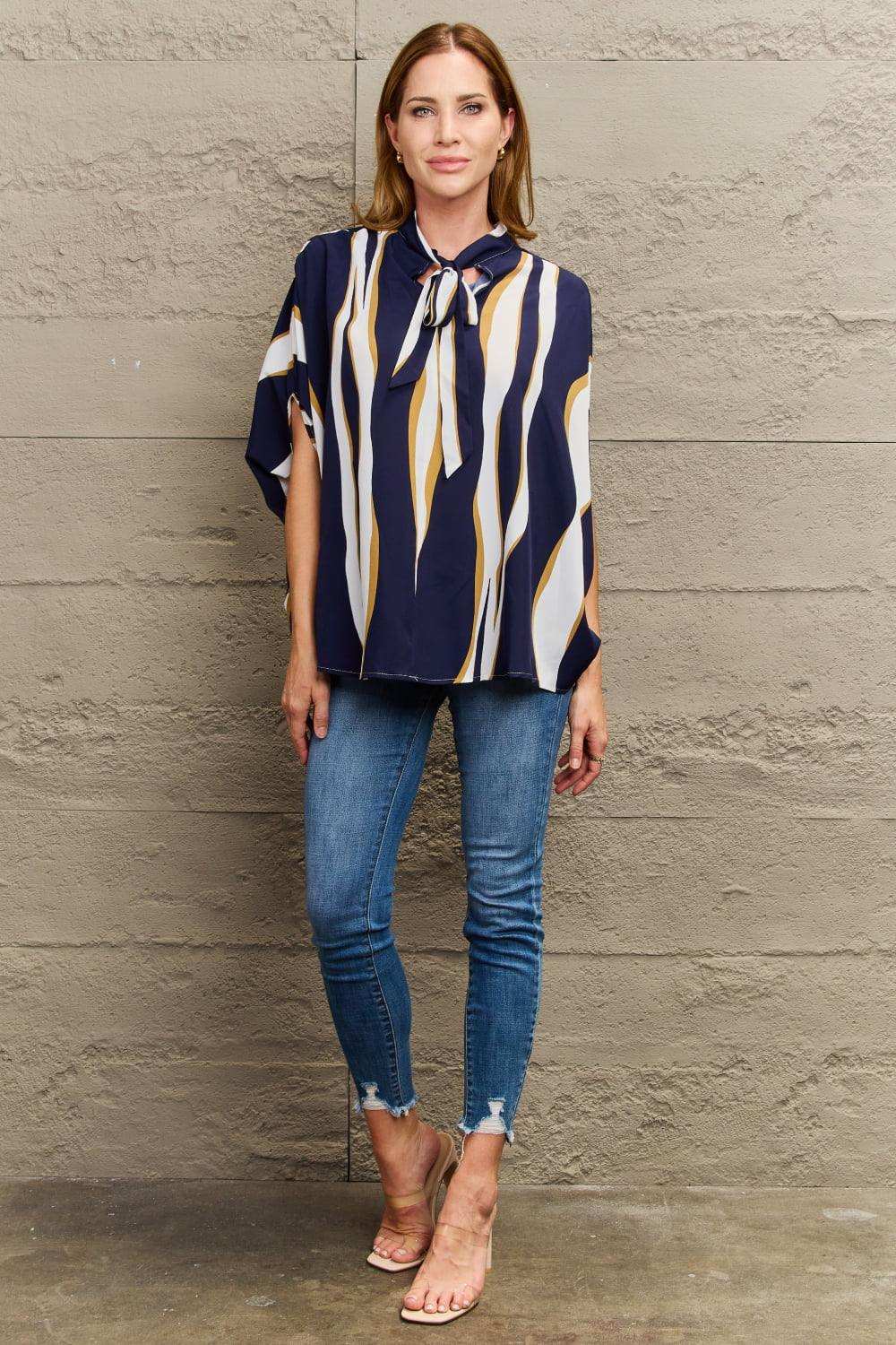 Tie Neck Printed Slit Sleeve Blouse - Trendsi - Flyclothing LLC