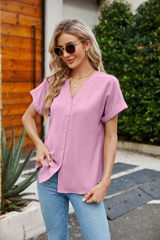Notched Neck Cuffed Sleeve Shirt - Trendsi - Flyclothing LLC