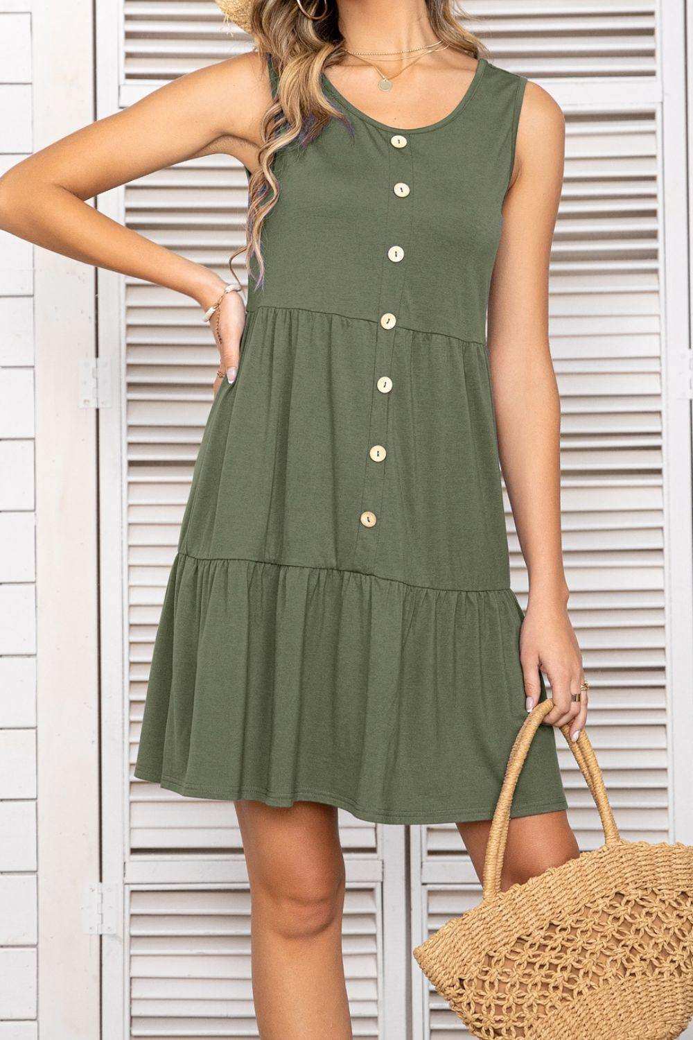 Decorative Button Scoop Neck Sleeveless Tiered Dress - Trendsi - Flyclothing LLC