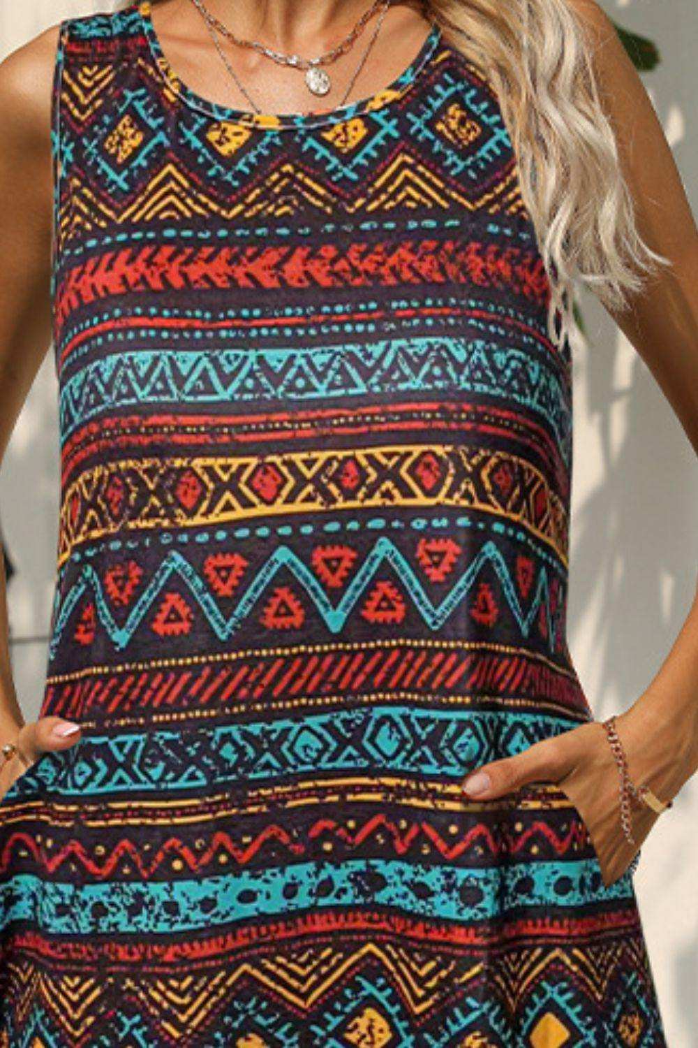 Printed Round Neck Sleeveless Dress with Pockets - Trendsi - Flyclothing LLC