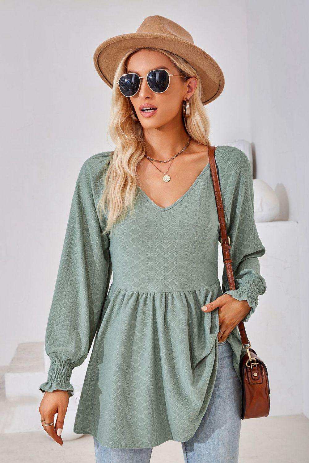 V-Neck Lantern Sleeve Blouse - Trendsi - Flyclothing LLC