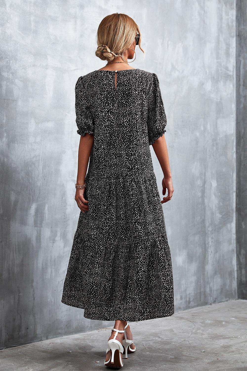 Printed Flounce Sleeve Tiered Dress - Trendsi - Flyclothing LLC