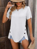 Decorative Button Round Neck Short Sleeve Blouse - Trendsi - Flyclothing LLC