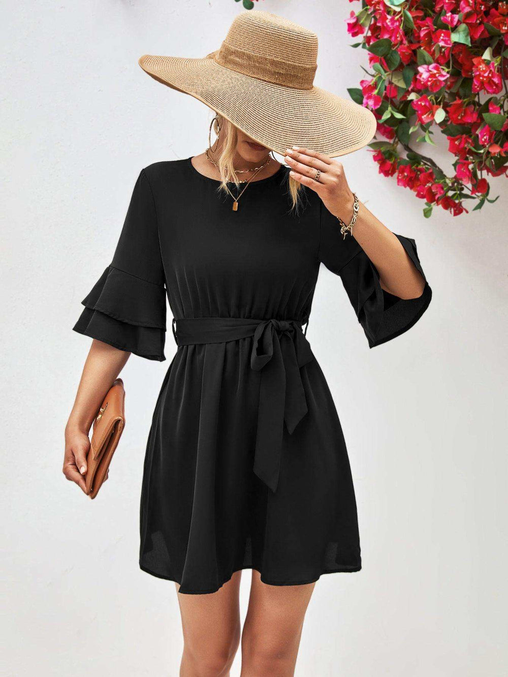 Round Neck Tie Belt Flounce Sleeve Dress - Trendsi - Flyclothing LLC
