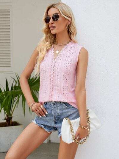 Eyelet Lace Detail V-Neck Tank - Trendsi - Flyclothing LLC